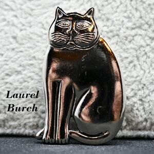 Vintage Laurel Burch Mystic Cat Brooch, Rhodium Plated